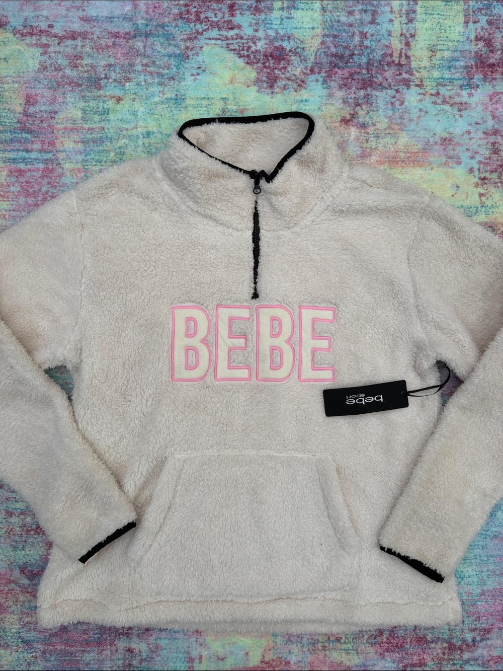 bebe Cream Sherpa Pullover Hoodie with Pink Logo